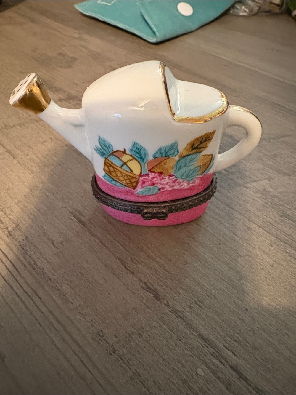 White Floral Ceramic Watering Can Trinket Box with Pink Base